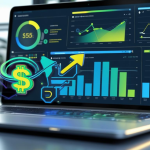 Illustration of a digital dashboard with pay-per-click icons, charts, and marketing analytics on a futuristic screen, representing PPC advertising in 2025.