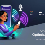 A person using voice search on a smartphone with glowing sound waves and virtual assistant icons like Google Assistant, Siri, and Alexa.