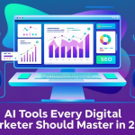Illustration showing a digital marketer using AI tools in 2025, with a glowing brain icon and marketing app symbols.