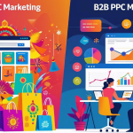 Split-screen illustration showing B2C PPC with shopping bags and festive colors on one side, and B2B PPC with corporate office, charts, and laptops on the other, representing PPC strategies for India in 2025.