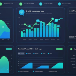 Futuristic web analytics dashboard showing charts, graphs, and AI insights