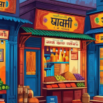Illustration of Indian small business storefront with map markers, smartphone showing Google Maps, and Local SEO icons for 2025