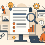 Visual representation of smart blogging in 2025, showing a person writing content optimized with SEO, keywords, user engagement, mobile-friendliness, and performance tracking