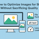 Illustration showing a computer and smartphone with image optimization elements like file format, alt text, and lazy loading.