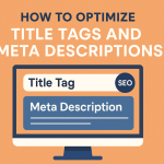 Illustration showing a screen with title tag and meta description for SEO optimization