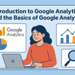 woman using a laptop with Google Analytics charts and logo