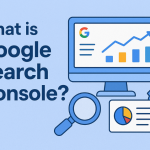 Google Search Console with analytics dashboard, magnifying glass, and SEO icons