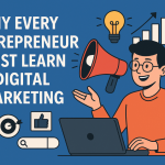 Entrepreneur learning digital marketing with laptop and marketing icons