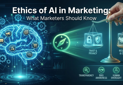 A conceptual illustration showing a balance scale weighing AI technology against human ethics, symbolizing the importance of trust and transparency in modern marketing.