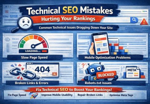 Illustration showing common technical SEO mistakes like slow page speed, mobile optimization issues, broken links, and robots.txt errors that hurt website search rankings